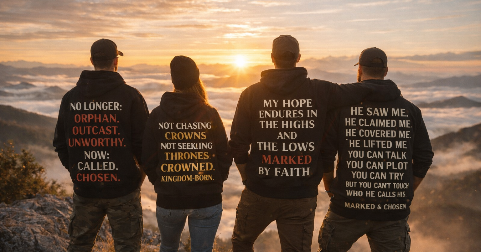 Four people standing on a mountain with motivational quotes on their backs during a sunset.