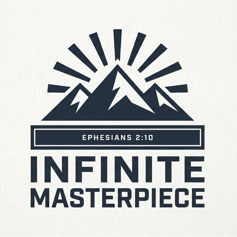 Logo with mountain design and text 'INFINITE MASTERPIECE Ephesians 2:10' on a white background