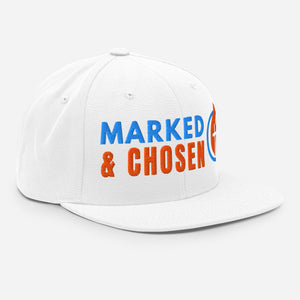 Yupoong Classic 6089M snapback cap in White featuring a flat bill and a structured 6-panel design and Marked & Chosen Logo. Right Front Facing.