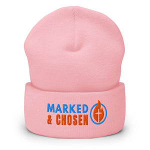 Unisex Yupoong 1501KC classic cuffed beanie, hypoallergenic 100% turbo-spun acrylic knit, 12-inch length, Baby Pink.