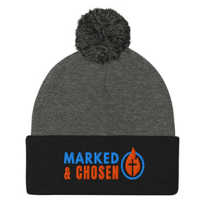 Black and Heather Grey Sportsman SP15 pom pom cuffed knit cap with Marked & Chosen Logo Embroidered on a white background.