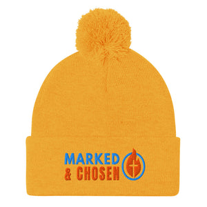 Gold Sportsman SP15 pom pom cuffed knit cap with Marked & Chosen Logo Embroidered on a white background.