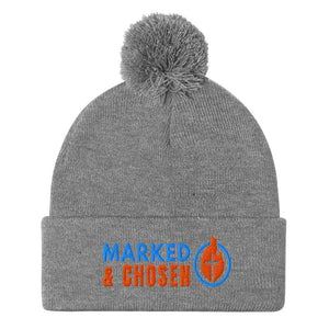 Heather Grey Sportsman SP15 pom pom cuffed knit cap with Marked & Chosen Logo Embroidered on a white background.