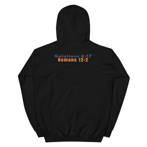 Gildan 18500 heavy blend hooded sweatshirt in Black, showing a classic fit and on the back is the Marked & Chosen Verses: Galatians 6:17 and Romans 12:2.