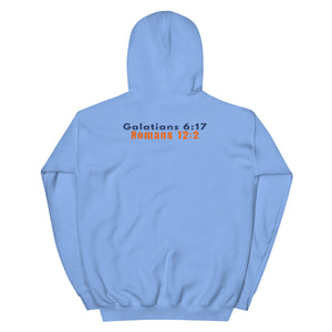 Gildan 18500 heavy blend hooded sweatshirt in Carolina Blue, showing a classic fit and Printed on the back is the Marked & Chosen Verses: Galatians 6:17 and Romans 12:2.