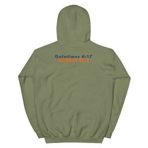 Gildan 18500 heavy blend hooded sweatshirt in Military Green, showing a classic fit and Printed on the back is the Marked & Chosen Verses: Galatians 6:17 and Romans 12:2.