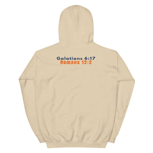 Gildan 18500 heavy blend hooded sweatshirt in Sand, showing a classic fit and Printed on the back is the Marked & Chosen Verses: Galatians 6:17 and Romans 12:2.