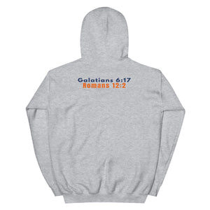 Gildan 18500 heavy blend hooded sweatshirt in Sport Grey, showing a classic fit and Printed on the back is the Marked & Chosen Verses: Galatians 6:17 and Romans 12:2.