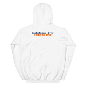 Gildan 18500 heavy blend hooded sweatshirt in White, showing a classic fit and Printed on the back is the Marked & Chosen Verses: Galatians 6:17 and Romans 12:2.