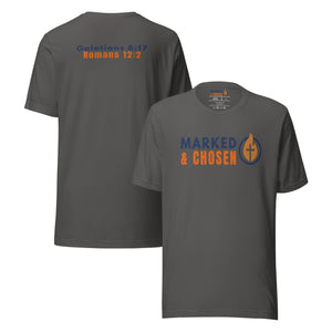 Bella + Canvas 3001 unisex crew neck t-shirt in Asphalt, made of soft Airlume combed and ring-spun cotton, Printed on the front is Marked & Chosen Logo and on the back the verses: Galatians 6:17 and Romans 12:2.