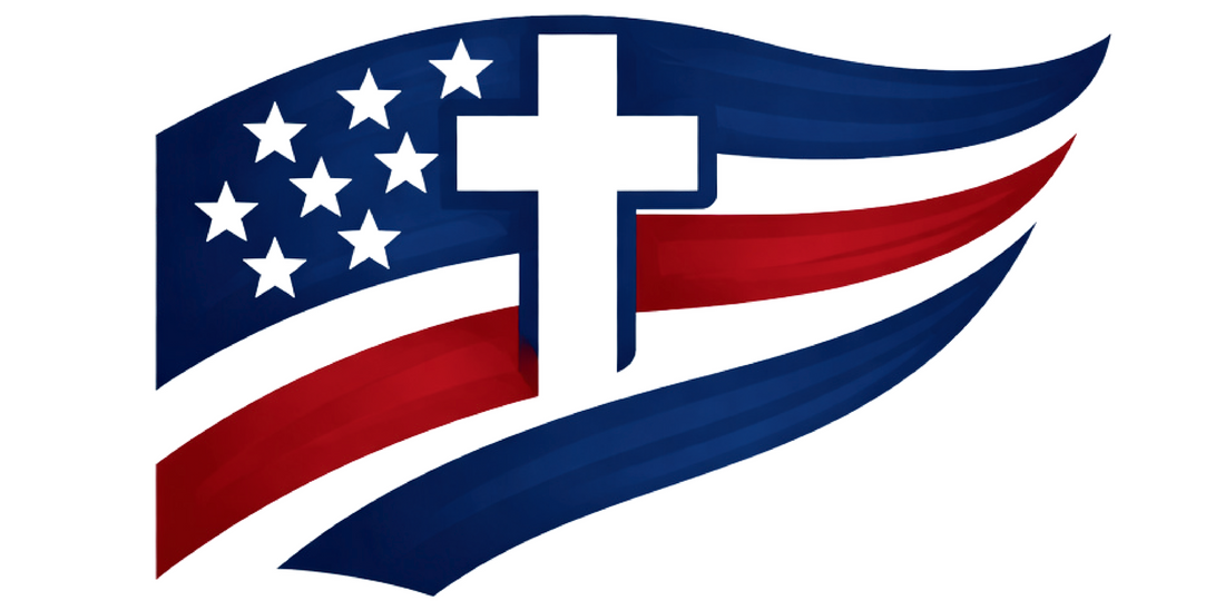 A stylized American flag graphic with a white Christian cross over it, featuring blue, red, and white stripes and white stars on a blue field, shown on a plain white background.