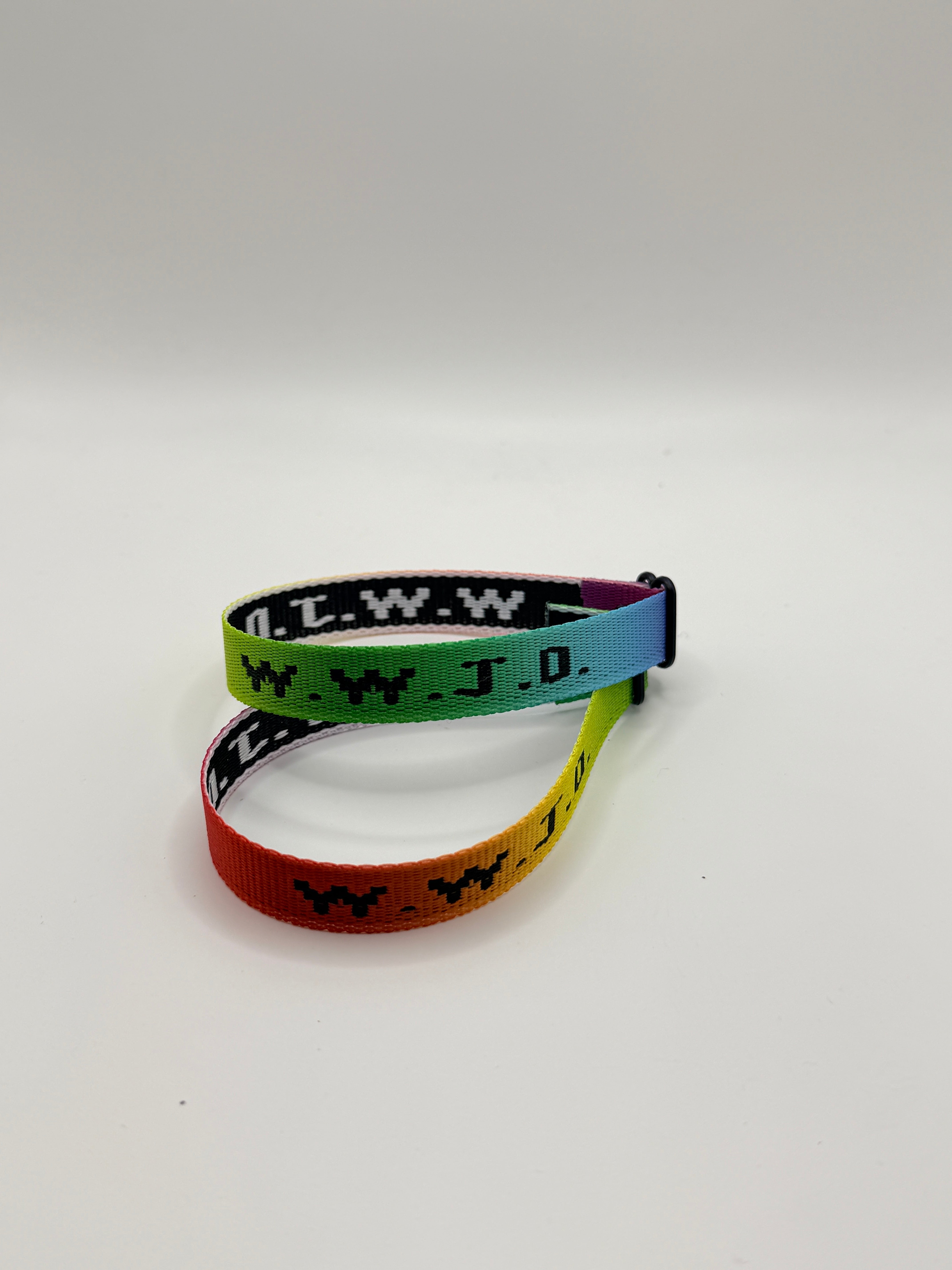 WWJD Woven Bracelet - Rainbow/Black - Front View