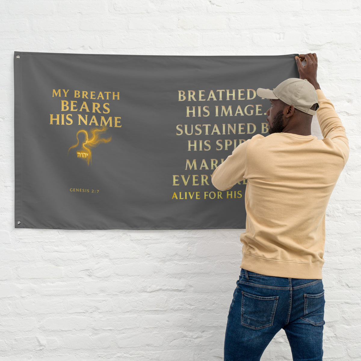 My Breath Bears His Name Flag - White - Front View