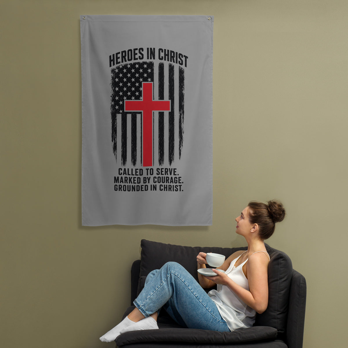Heroes in Christ Fire & Rescue Flag - White - Front View