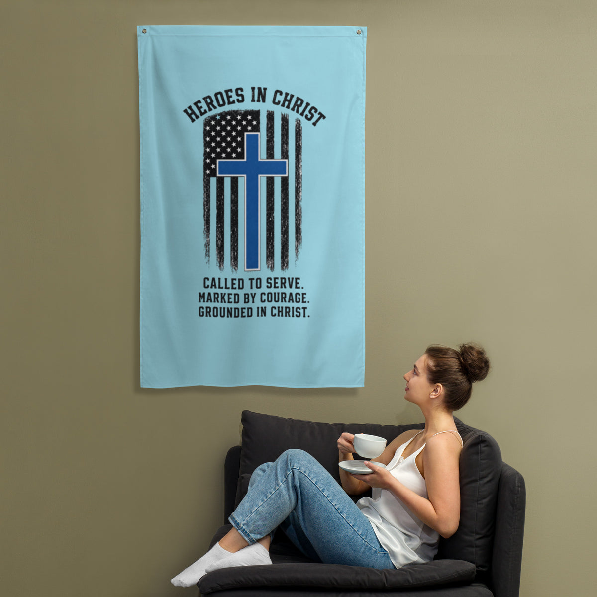 Heroes in Christ Police Flag - White - Front View
