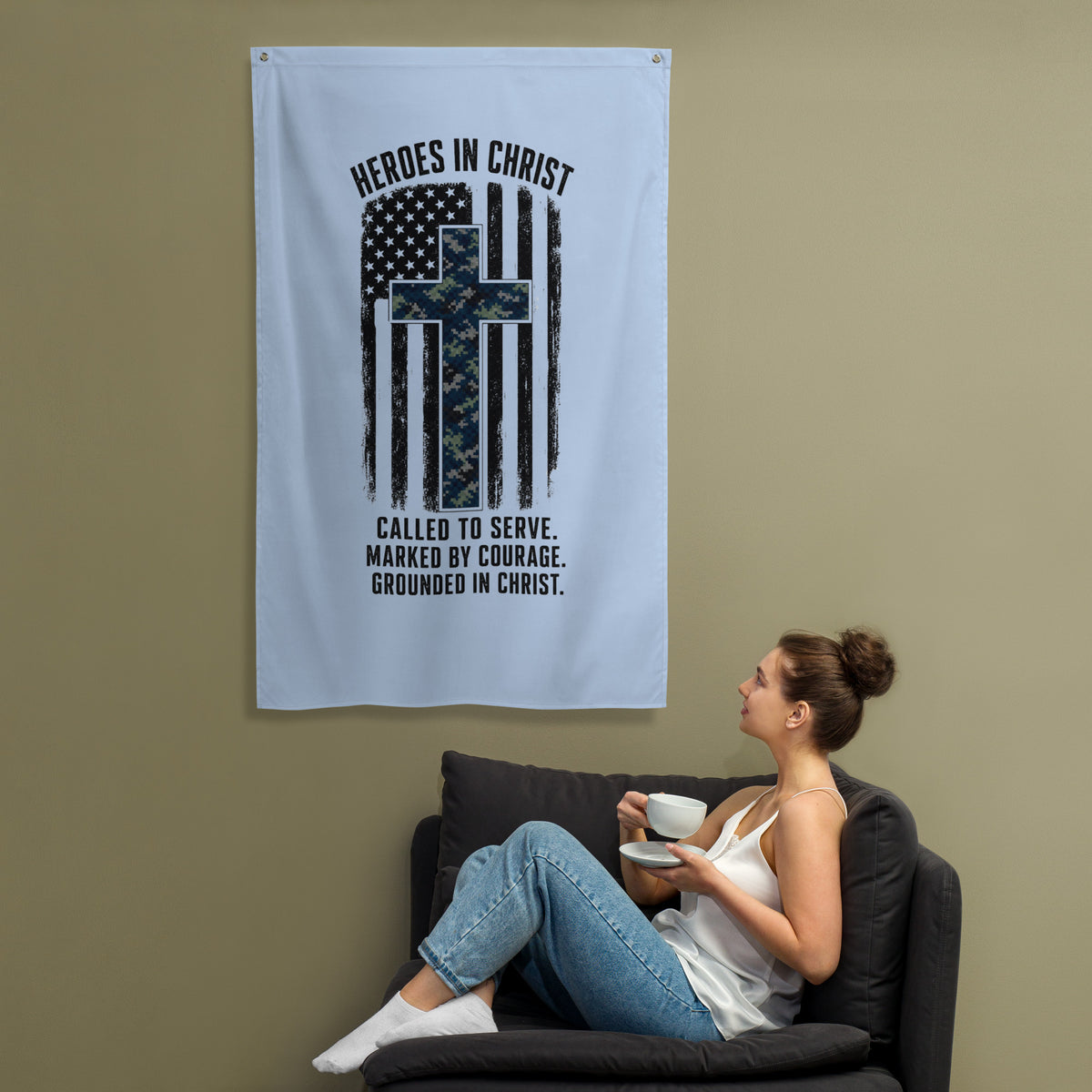Heroes in Christ Navy Camo Flag - Wall Flag - Front View 2