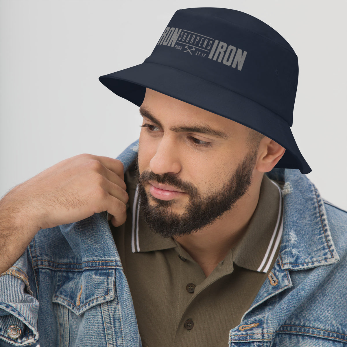 Men's Iron Sharpens Iron Bucket Hat - Navy - Left Front View
