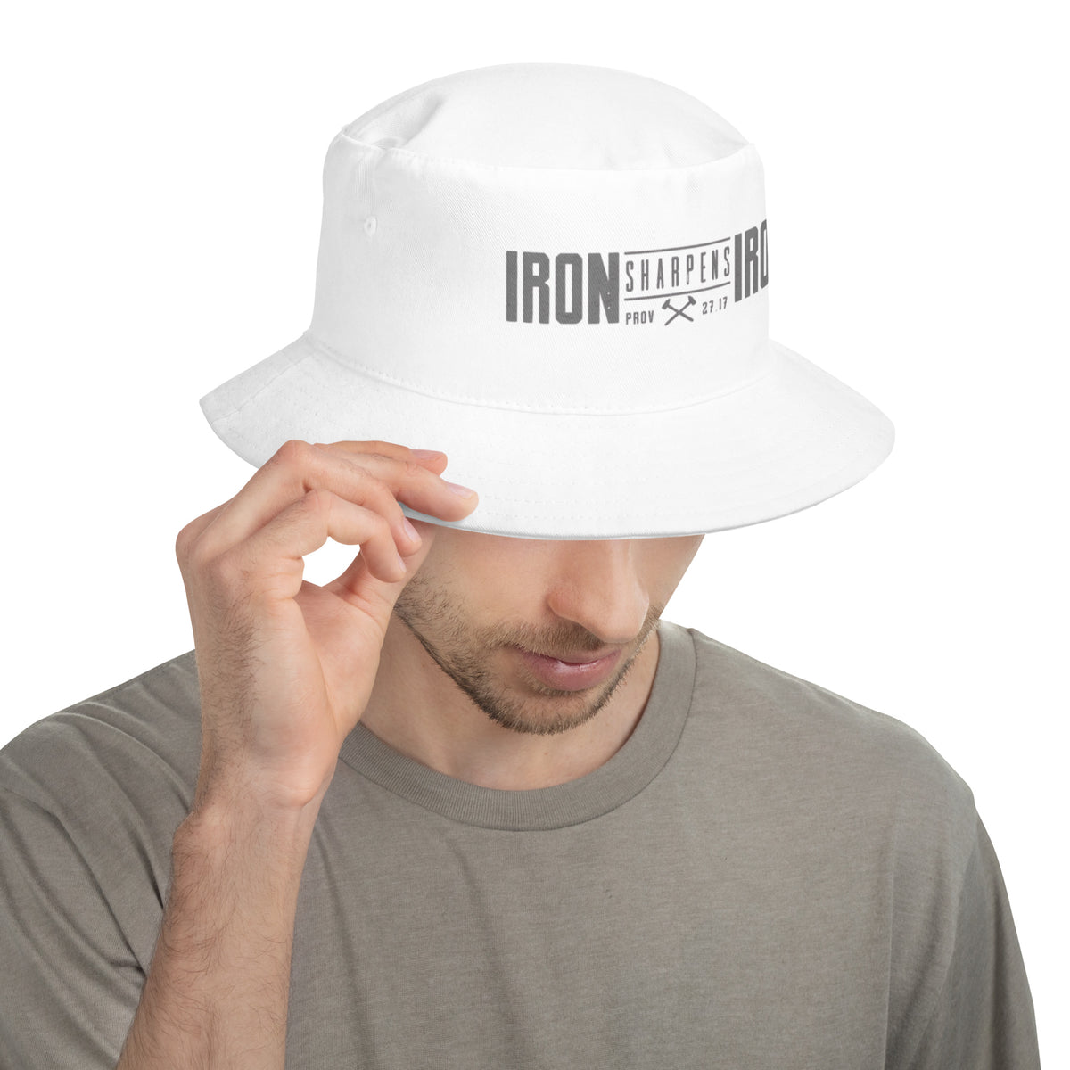 Men's Iron Sharpens Iron Bucket Hat - White - Front View