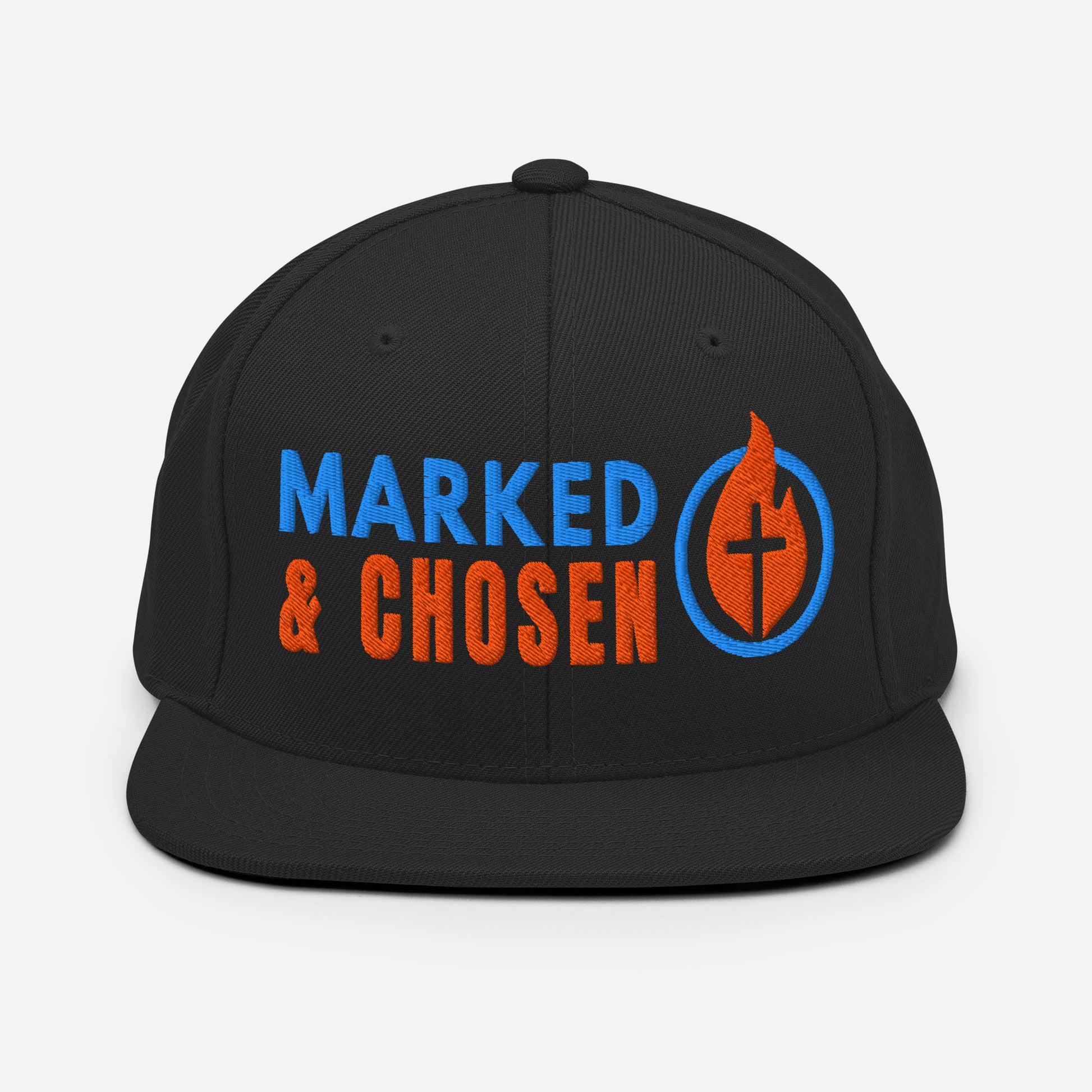 Yupoong Classic 6089M snapback cap in Black featuring a flat bill and a structured 6-panel design and Marked & Chosen Logo. Front Facing