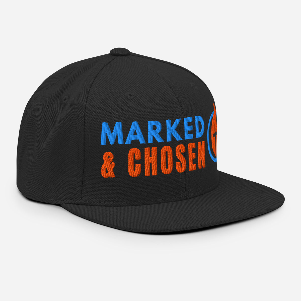 Yupoong Classic 6089M snapback cap in Black featuring a flat bill and a structured 6-panel design and Marked & Chosen Logo. Right Front Facing.