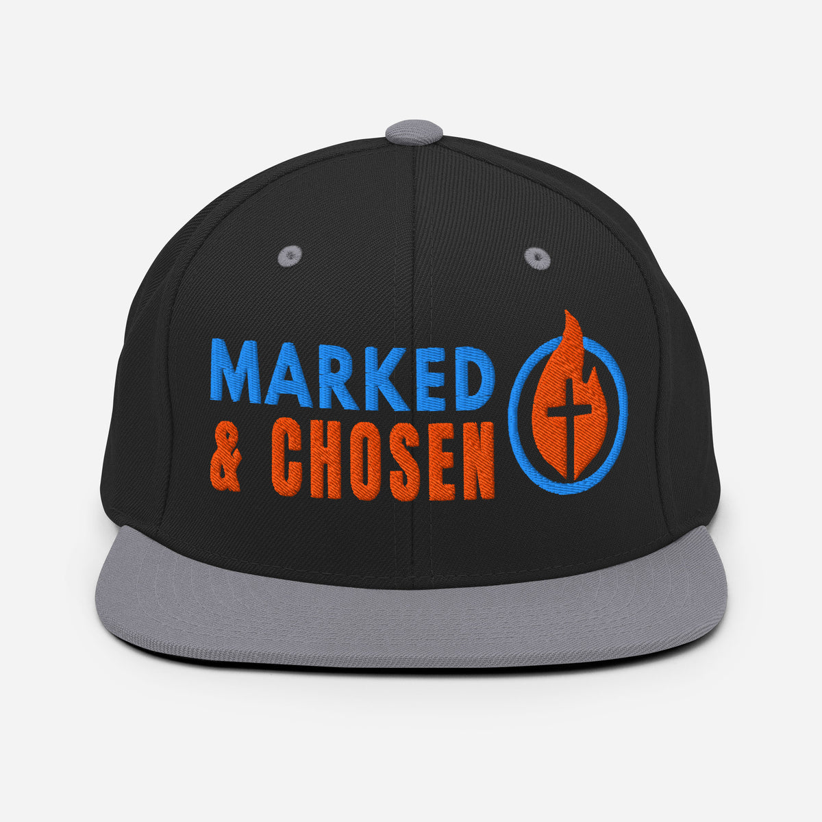 Yupoong Classic 6089M snapback cap in Black/Silver featuring a flat bill and a structured 6-panel design and Marked & Chosen Logo. Front Facing.