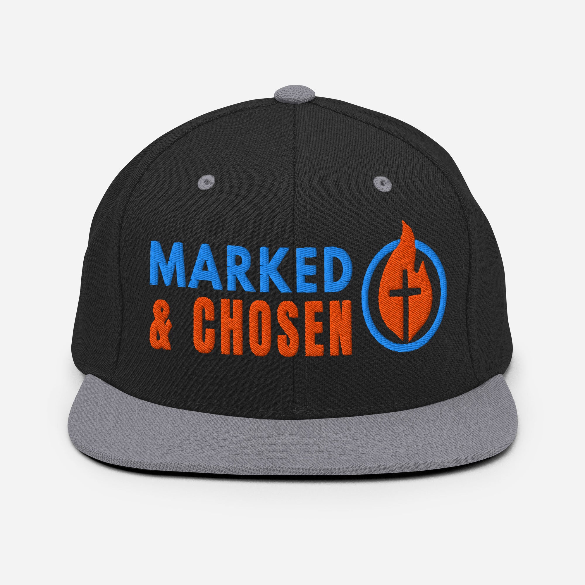 Yupoong Classic 6089M snapback cap in Black/Silver featuring a flat bill and a structured 6-panel design and Marked & Chosen Logo. Front Facing.