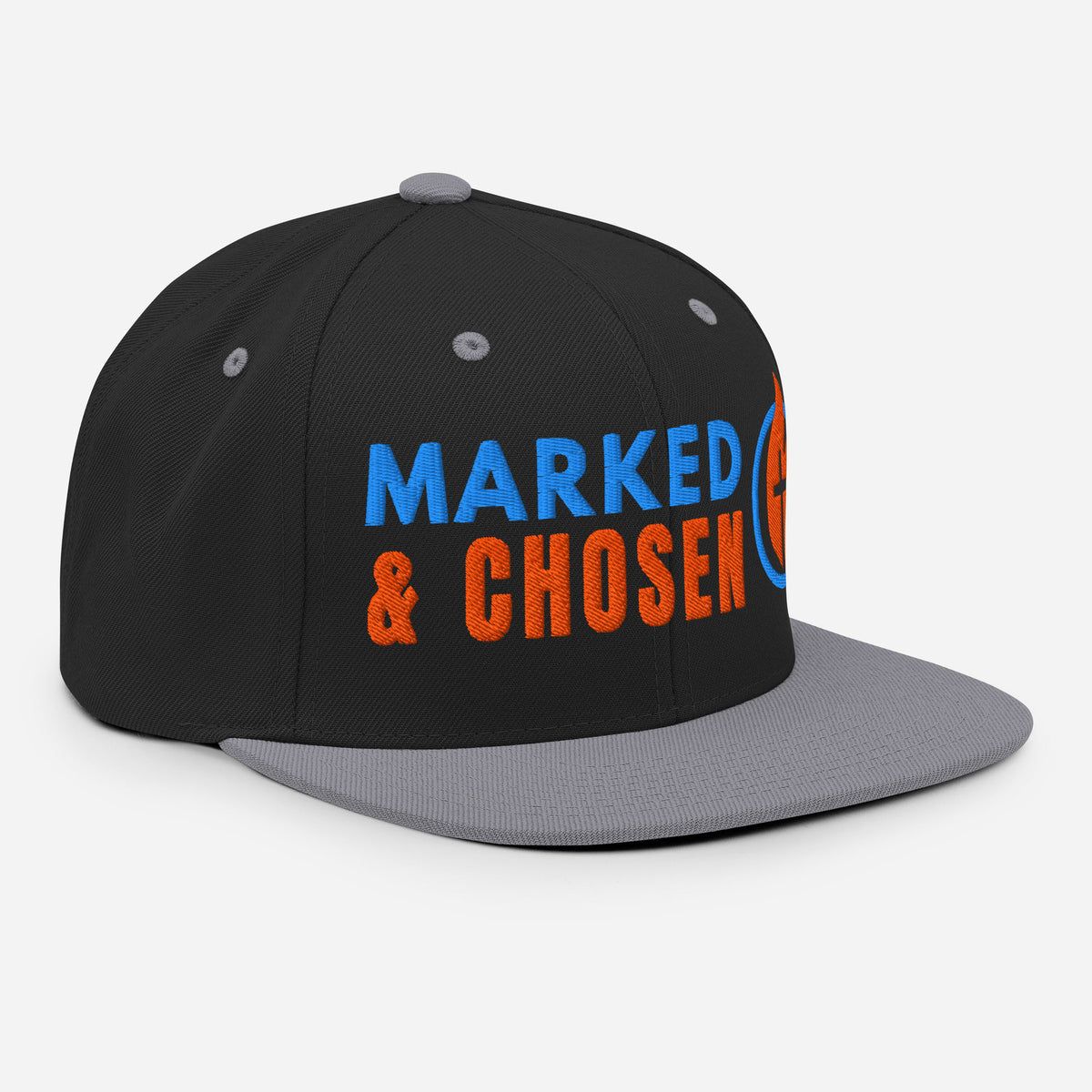 Yupoong Classic 6089M snapback cap in Black/Silver featuring a flat bill and a structured 6-panel design and Marked & Chosen Logo. Right Front Facing.