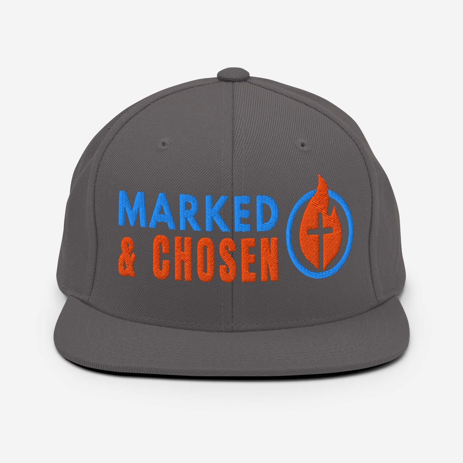 Yupoong Classic 6089M snapback cap in Dark Grey featuring a flat bill and a structured 6-panel design and Marked & Chosen Logo. Front Facing.