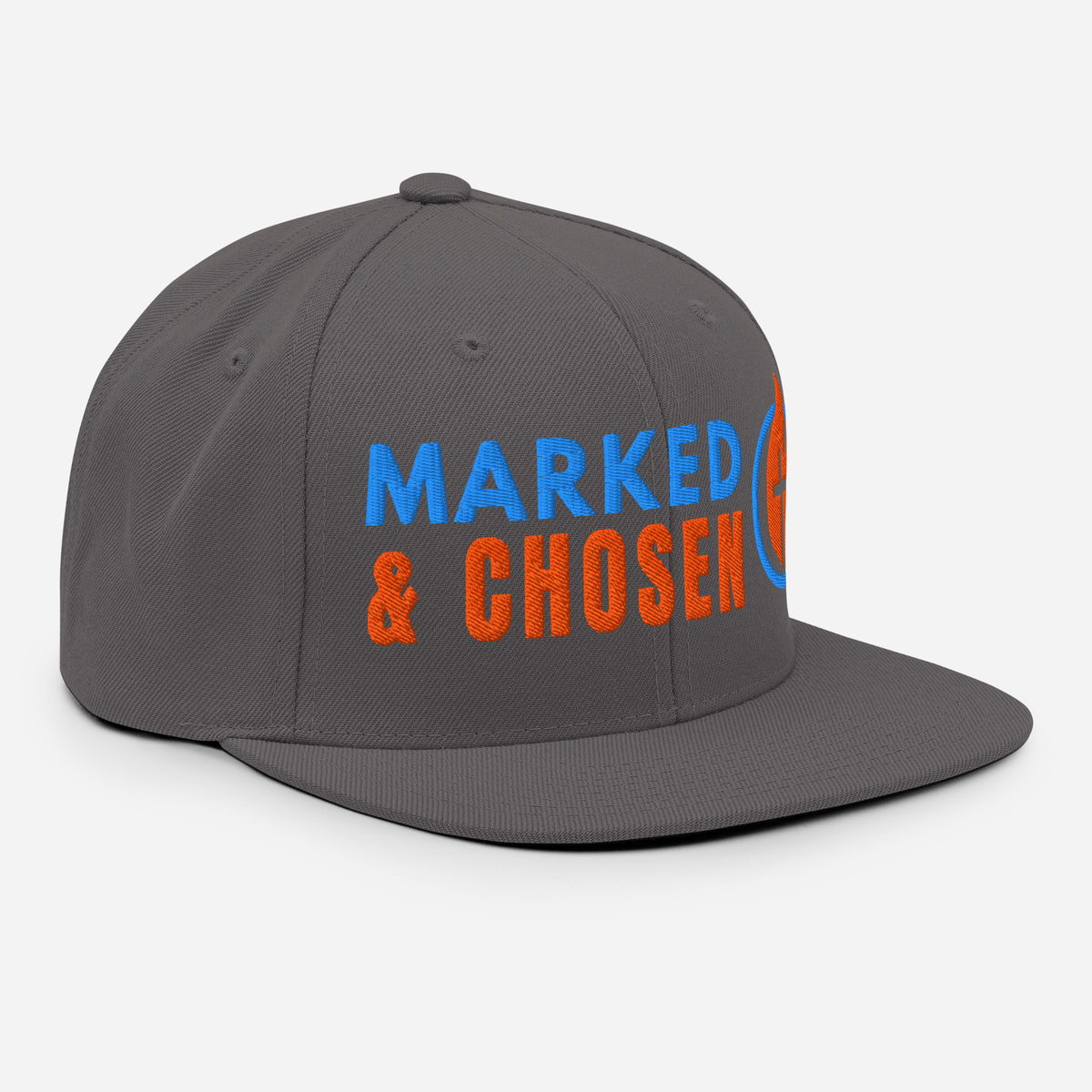 Yupoong Classic 6089M snapback cap in Dark Grey featuring a flat bill and a structured 6-panel design and Marked & Chosen Logo. Right Front Facing.