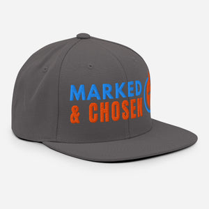 Yupoong Classic 6089M snapback cap in Dark Grey featuring a flat bill and a structured 6-panel design and Marked & Chosen Logo. Right Front Facing.