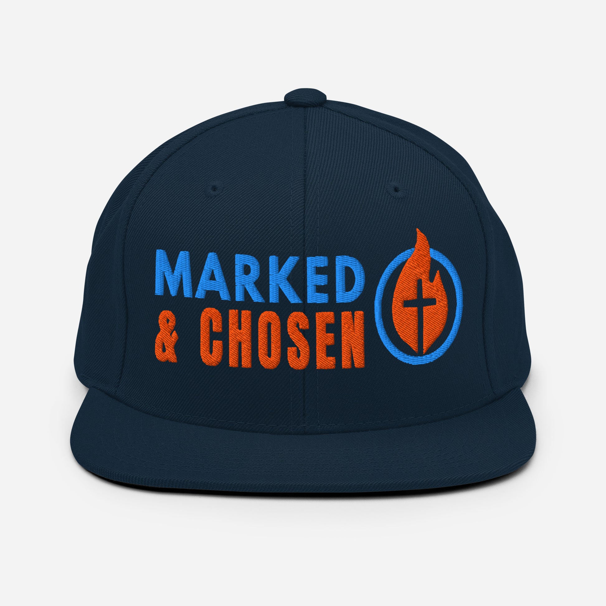 Yupoong Classic 6089M snapback cap in Navy featuring a flat bill and a structured 6-panel design and Marked & Chosen Logo. Front Facing.