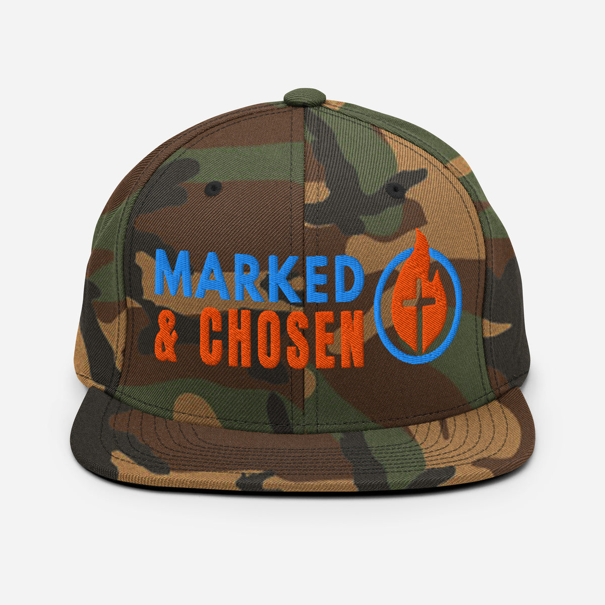 Yupoong Classic 6089M snapback cap in Green Camo featuring a flat bill and a structured 6-panel design and Marked & Chosen Logo. Front Facing.