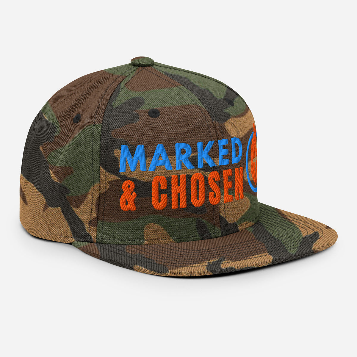 Yupoong Classic 6089M snapback cap in Green Camo featuring a flat bill and a structured 6-panel design and Marked & Chosen Logo. Right Front Facing.
