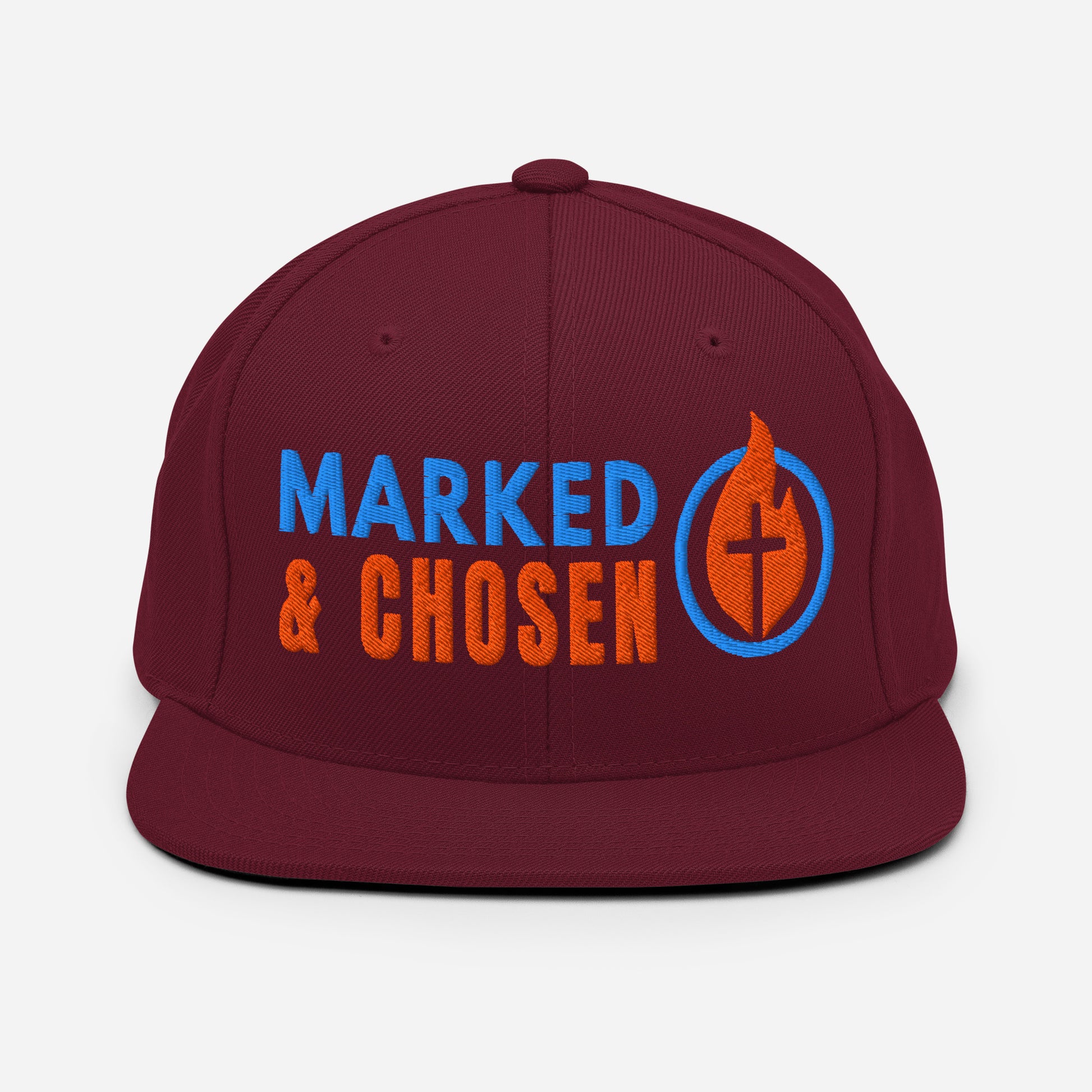 Yupoong Classic 6089M snapback cap in Maroon featuring a flat bill and a structured 6-panel design and Marked & Chosen Logo. Front Facing.