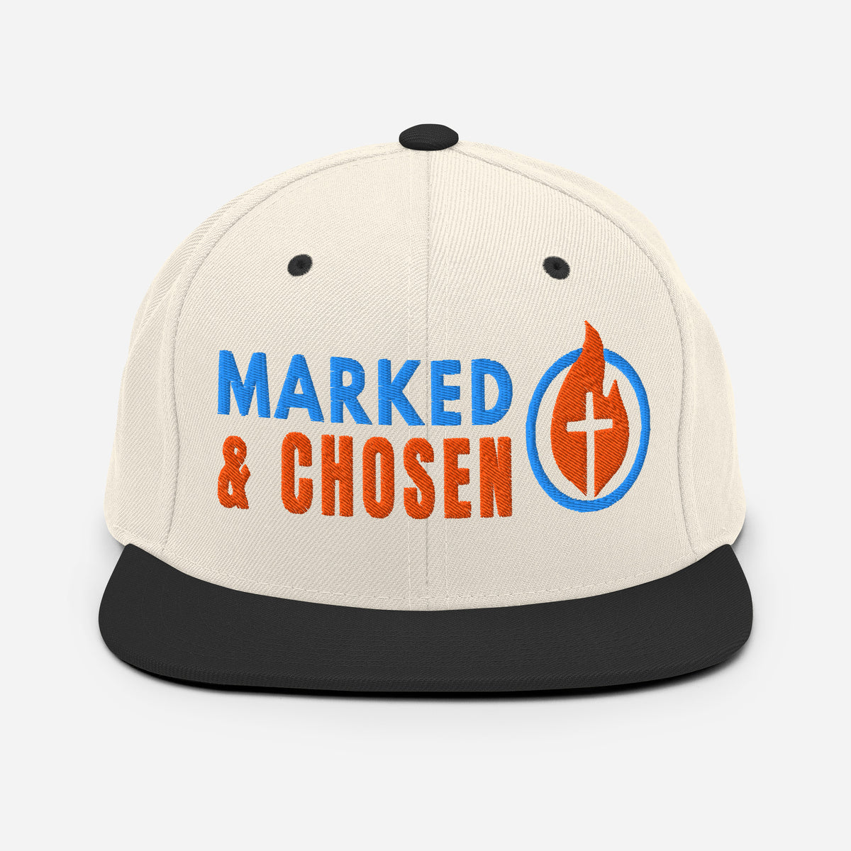 Yupoong Classic 6089M snapback cap in Natural/Black featuring a flat bill and a structured 6-panel design and Marked & Chosen Logo. Front Facing