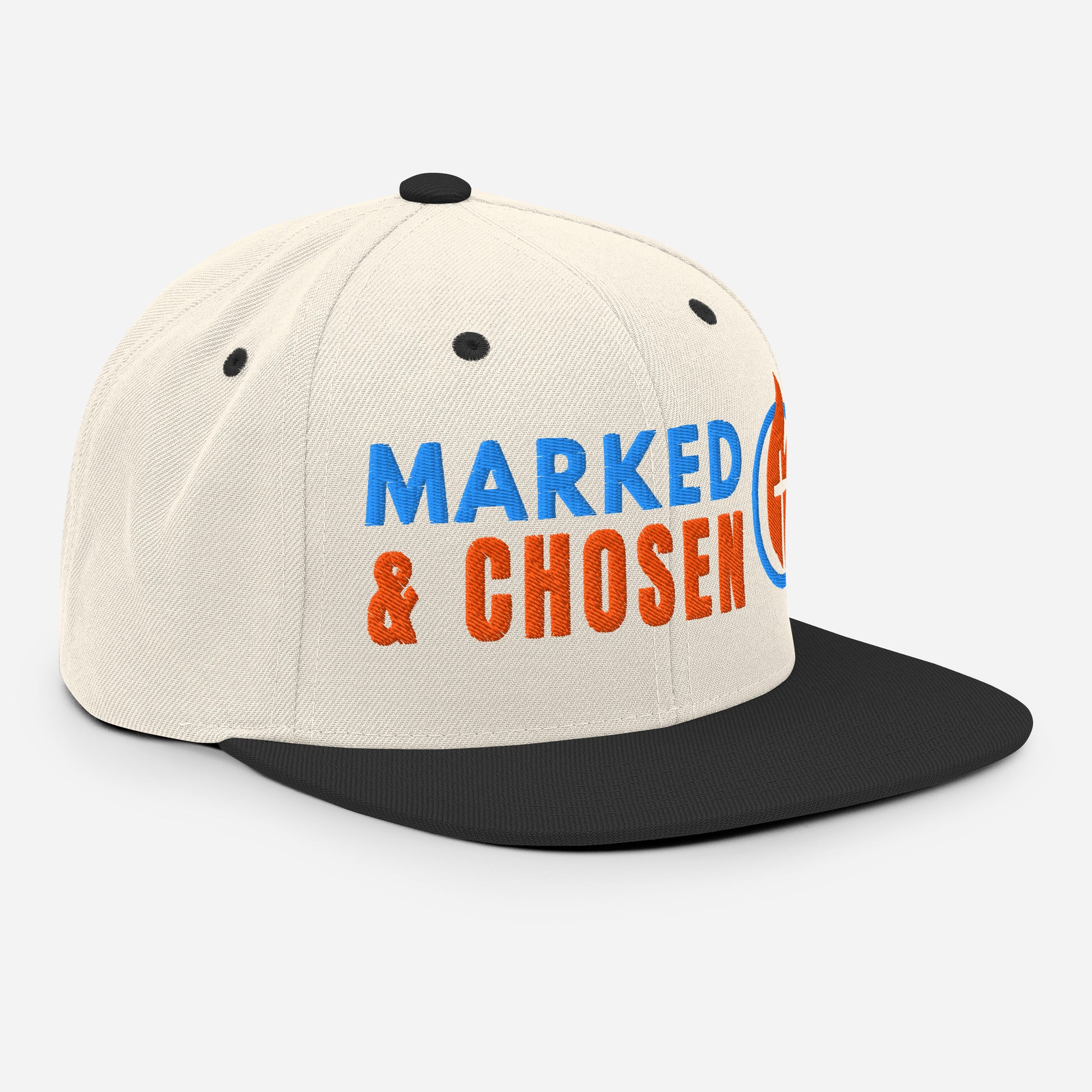 Yupoong Classic 6089M snapback cap in Natural/Black featuring a flat bill and a structured 6-panel design and Marked & Chosen Logo. Right Front Facing.