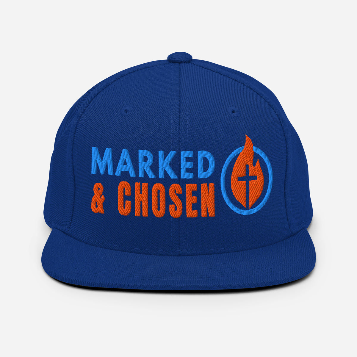 Yupoong Classic 6089M snapback cap in Royal Blue featuring a flat bill and a structured 6-panel design and Marked & Chosen Logo. Front Facing.