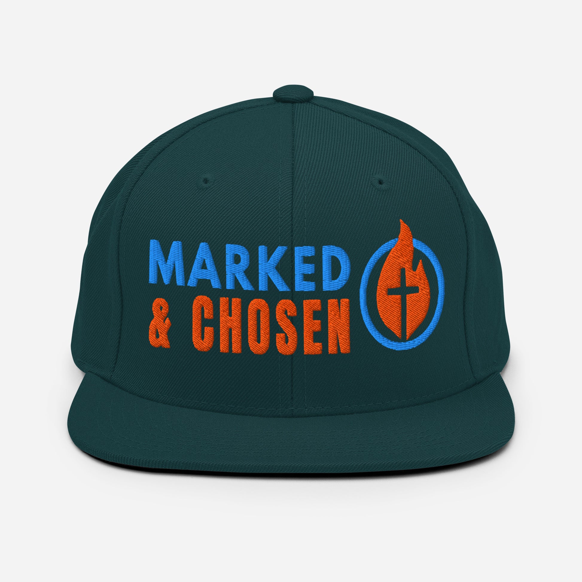 Yupoong Classic 6089M snapback cap in Spruce featuring a flat bill and a structured 6-panel design and Marked & Chosen Logo. Front Facing.