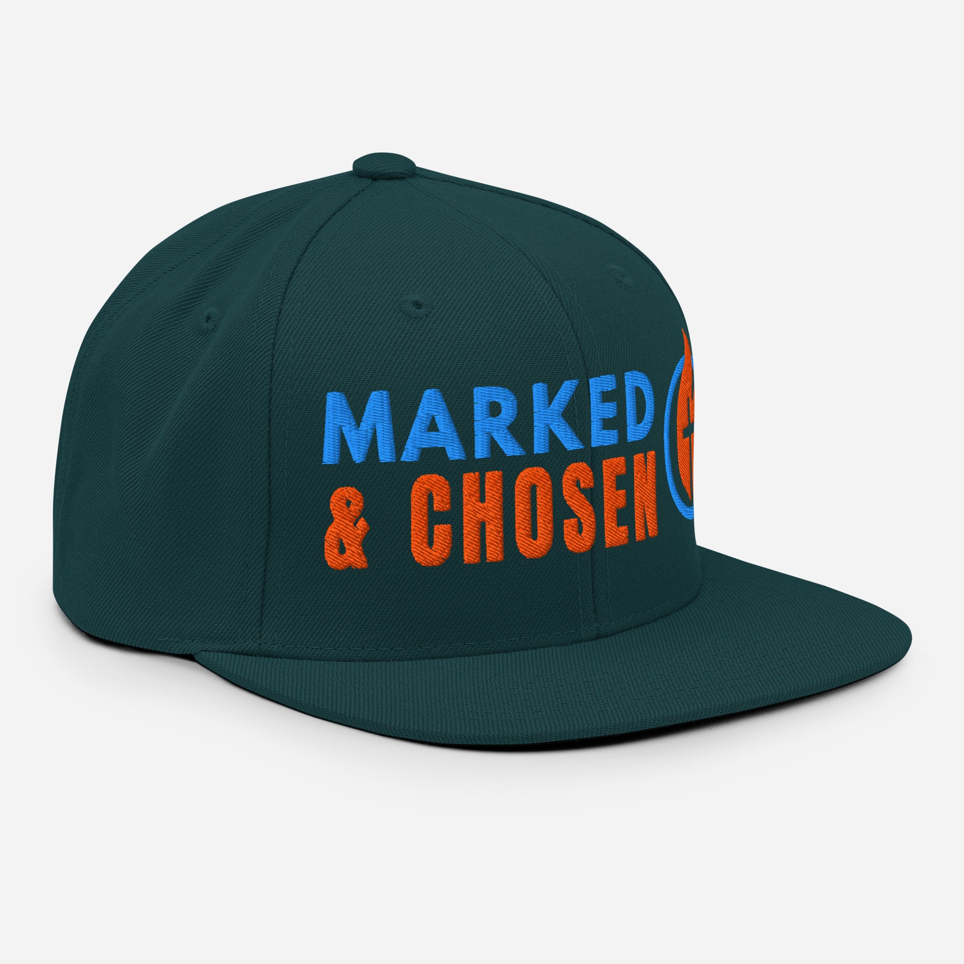Yupoong Classic 6089M snapback cap in Spruce featuring a flat bill and a structured 6-panel design and Marked & Chosen Logo. Right Front Facing.