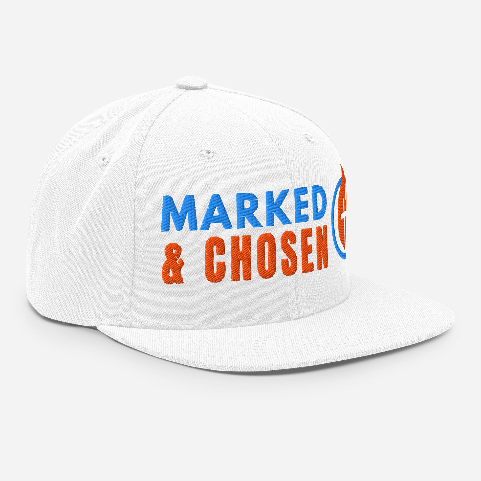 Yupoong Classic 6089M snapback cap in White featuring a flat bill and a structured 6-panel design and Marked & Chosen Logo. Right Front Facing.