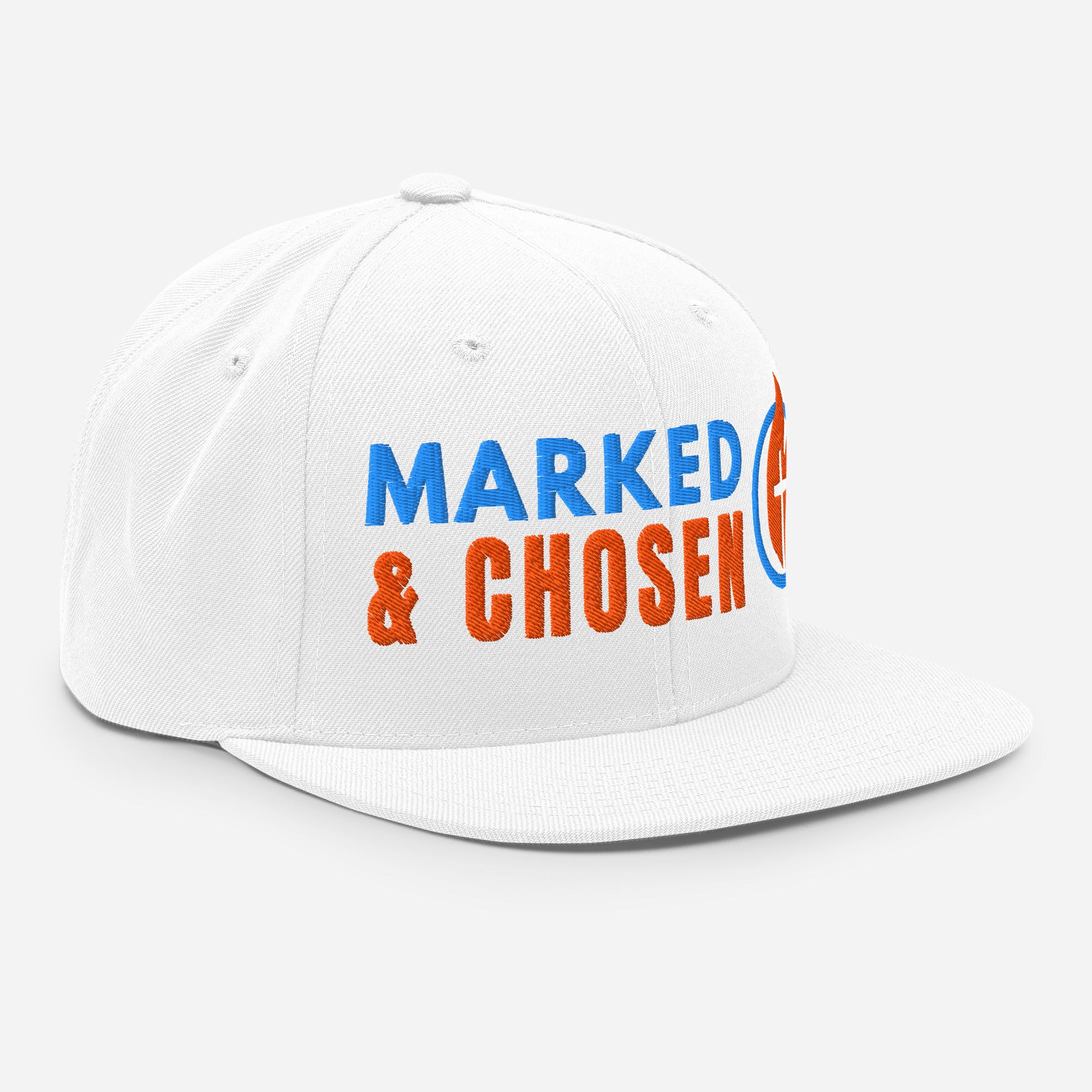 Yupoong Classic 6089M snapback cap in White featuring a flat bill and a structured 6-panel design and Marked & Chosen Logo. Right Front Facing.