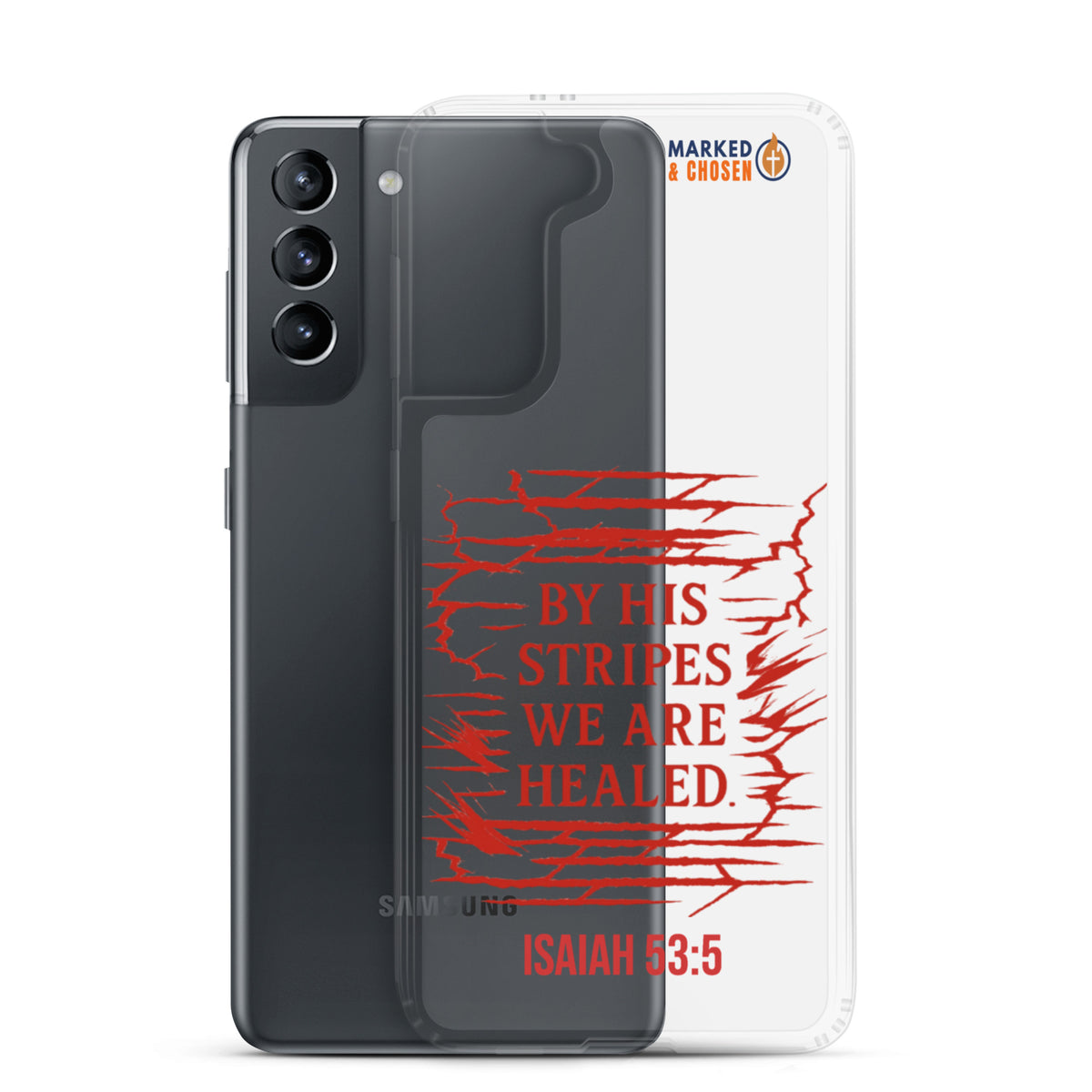 By His Stripes Clear Samsung Galaxy Case - Samsung Galaxy S21 - With-Phone View