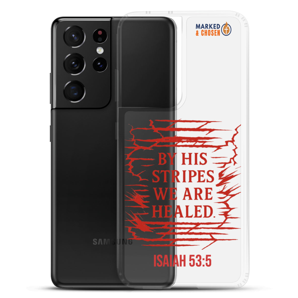 By His Stripes Clear Samsung Galaxy Case - Samsung Galaxy S21 Ultra - With-Phone View