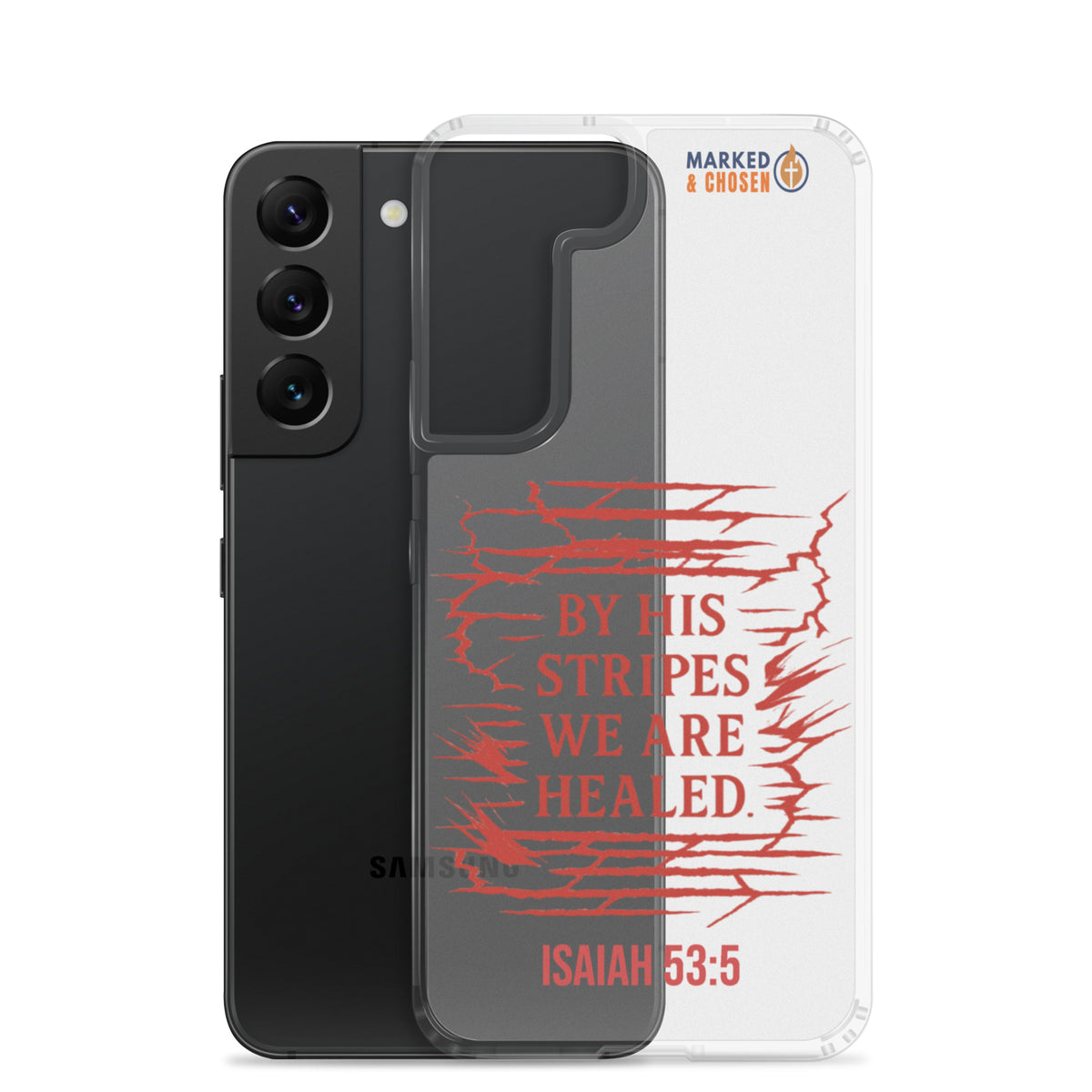 By His Stripes Clear Samsung Galaxy Case - Samsung Galaxy S22 - With-Phone View