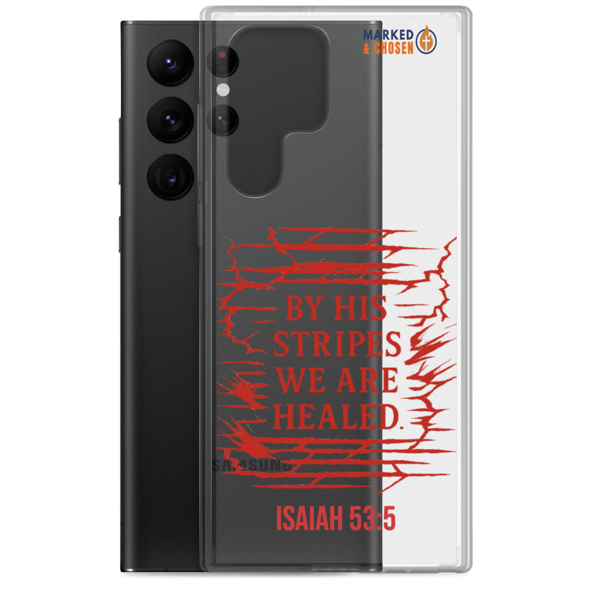 By His Stripes Clear Samsung Galaxy Case - Samsung Galaxy S22 Ultra - With-Phone View