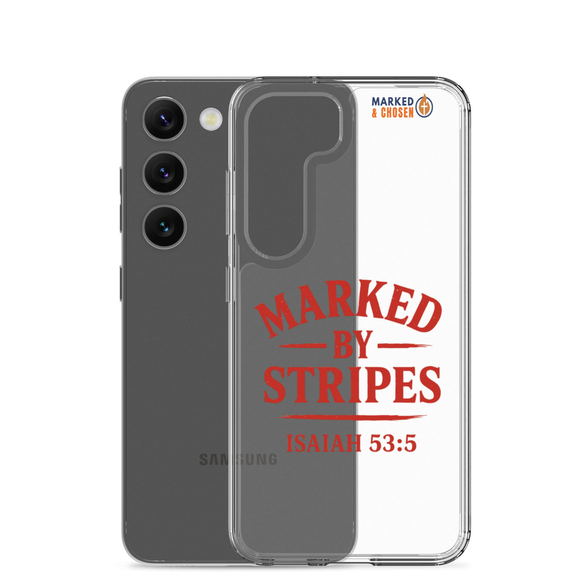 Marked by Stripes Clear Samsung Galaxy Case - Samsung Galaxy S23 - With-Phone View
