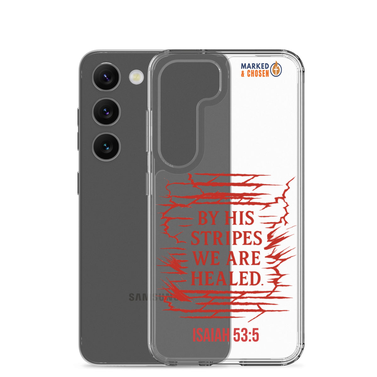By His Stripes Clear Samsung Galaxy Case - Samsung Galaxy S23 - With-Phone View