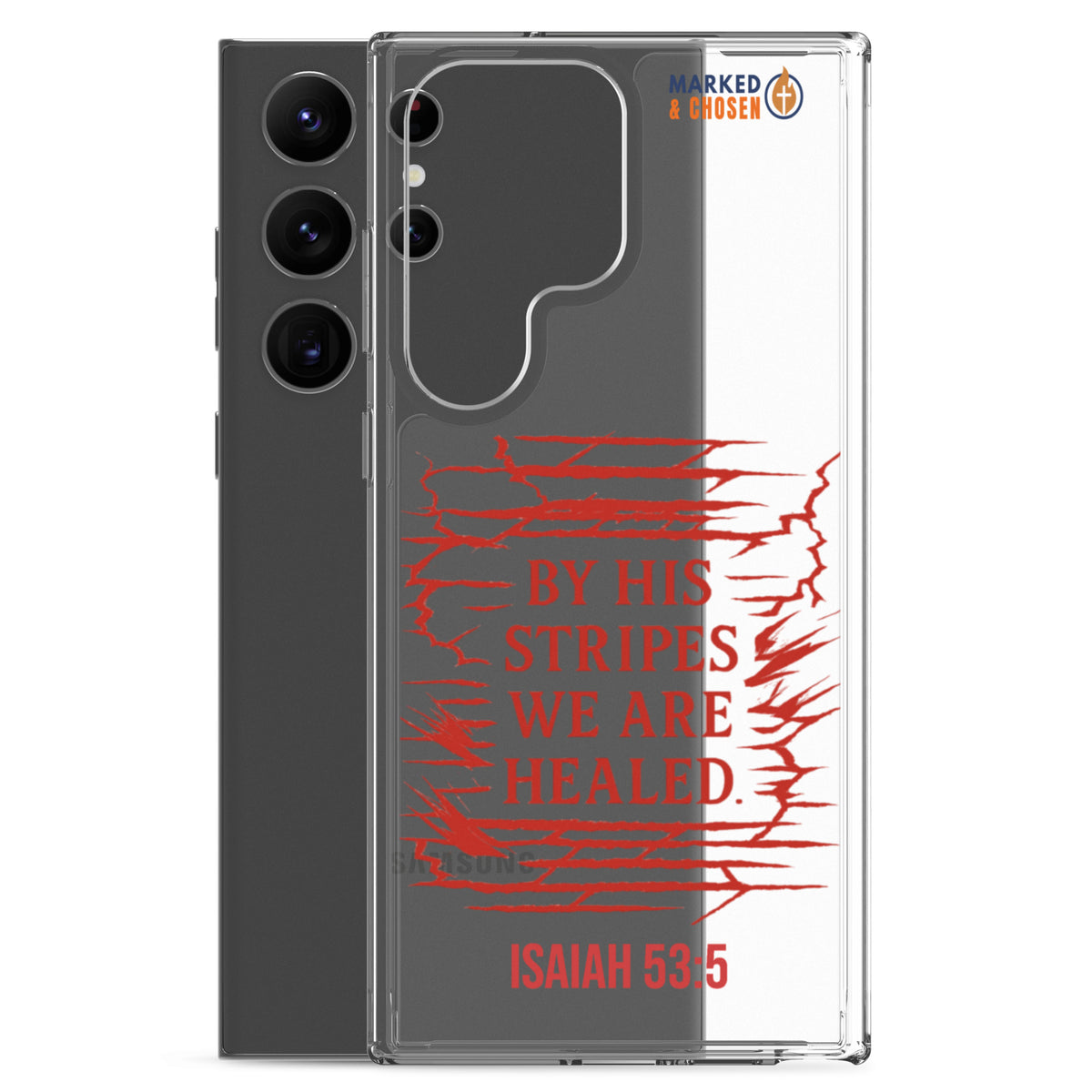 By His Stripes Clear Samsung Galaxy Case - Samsung Galaxy S23 Ultra - With-Phone View