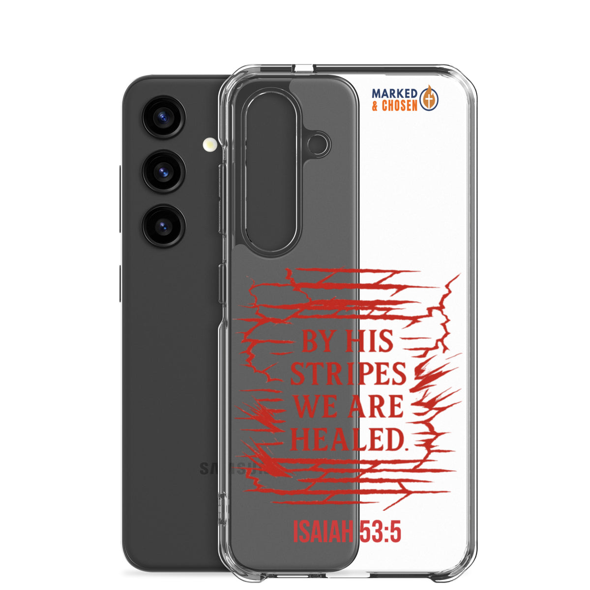 By His Stripes Clear Samsung Galaxy Case - Samsung Galaxy S24 - With-Phone View