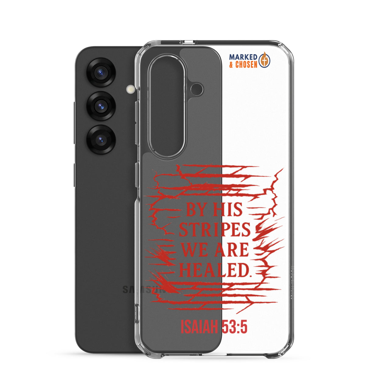 By His Stripes Clear Samsung Galaxy Case - Samsung Galaxy S25 - With-Phone View